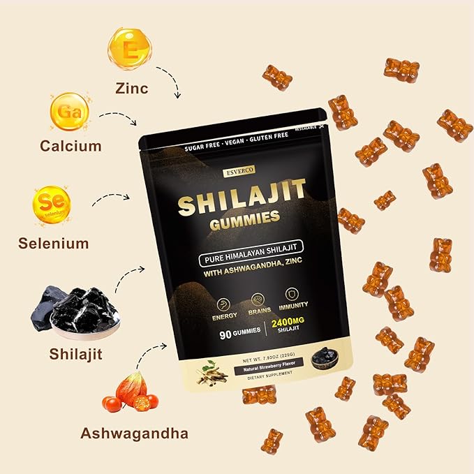 2400mg Pure Himalayan Shilajit Gummies with 2000mg Organic Ashwagandha Supplement for Men & Women, Extra Strength for Ehance Stamina, Immune Support, Vegan, for Adults, 90 Count