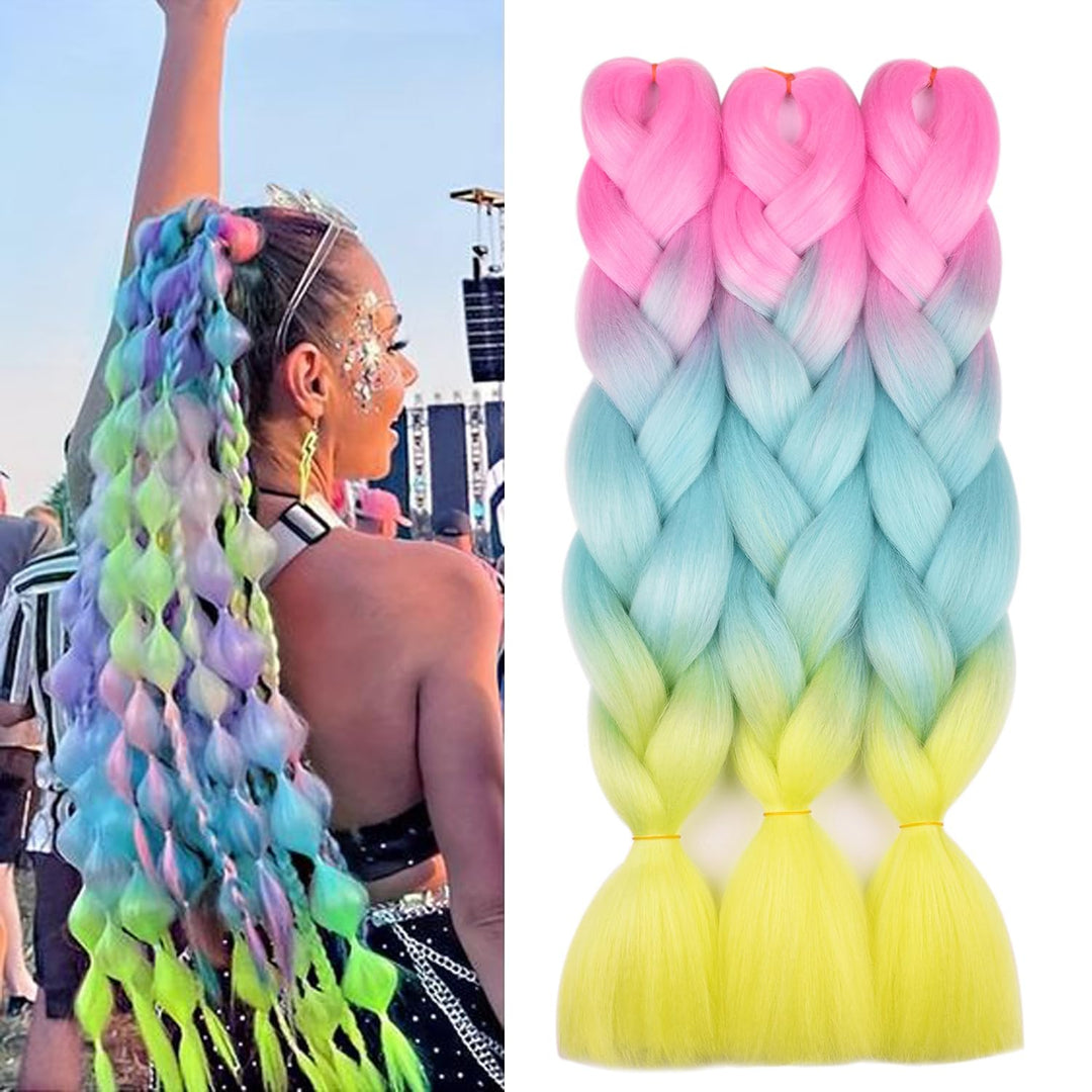 Pink Braiding Hair 3 Packs Ombre Braiding Hair 24 Inch Jumbo Braiding Hair Supplies Synthetic Hair For Braiding 3Tone Rainbow Co