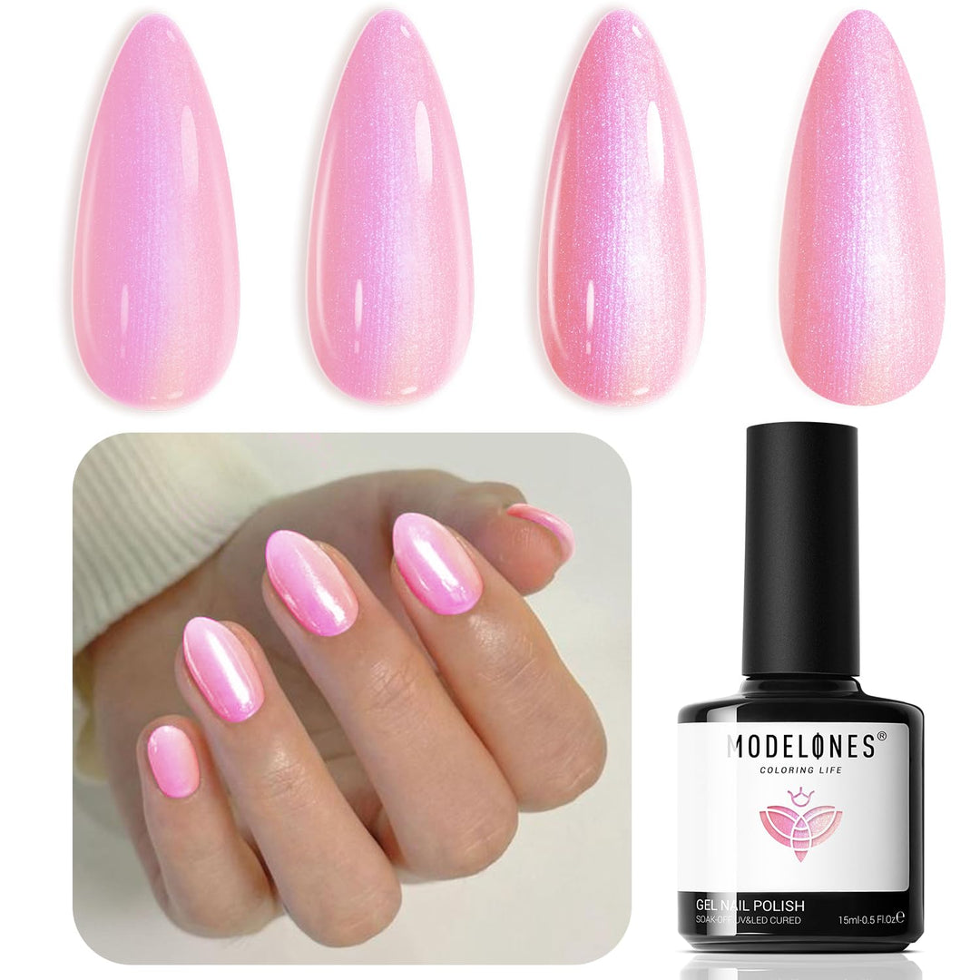 Modelones Gel Nail Polish, 15 Ml Shimmer Pearl Pink Nail Polish Drawing Glitter Gel Polish Soak Off Led Nail Gel Polish Swirl Sh