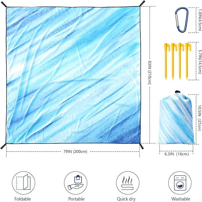Beach Blanket Waterproof Sandproof Beach Mat 79" X 83" /10'x9'for 2-8 Adults Quick Drying Outdoor Picnic Mat Beach Accessories for Travel, Camping, Hiking