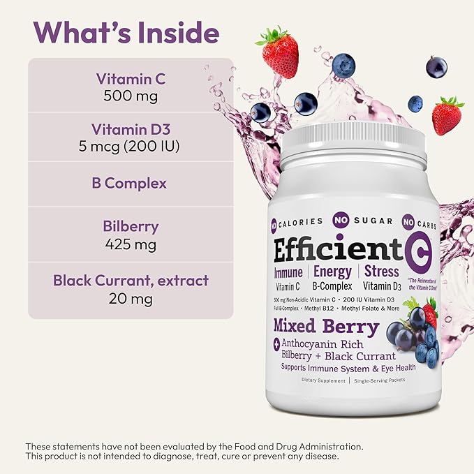 ANDREW LESSMAN Efficient C Mixed Berry 30 Packets - Immune, Energy, Stress and Eye Health Support. Reinvention of The Vitamin C Drink. No Calories. No Sugar. No Carbs. Easy to Mix.