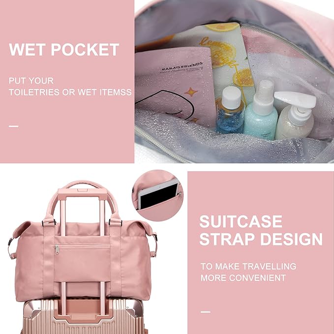 Womens travel bags, weekender carry on for women, sports Gym Bag, workout duffel bag, overnight shoulder Bag fit 15.6 inch Laptop Pink Large