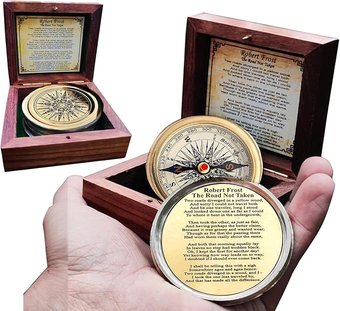 Antiqued Brass Robert Frost Poem Compass with Wooden Box, Inspirational Gifts for Woman, Aniversity Gifts for Men,Engraved Compass,Wedding for Boys, Pocket Compass for Hiking Survival
