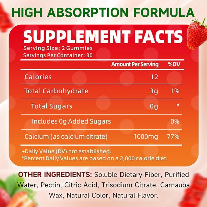 Calcium Citrate Gummies, Sugar Free Calcium Citrate 1000mg for Muscle Healthy, Absorption Calcium Supplements for Adults & Kids, Strawberry, 60 Count