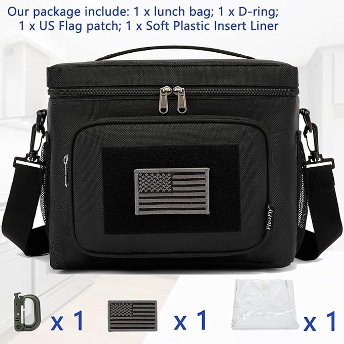 FlowFly Tactical Lunch Bag Large Insulated Lunch Box Cooler Tote for Men, Women with MOLLE/PALS Webbing (Black, Large)