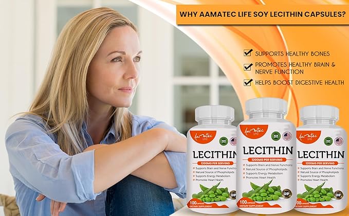 Soy Lecithin 1200mg Capsules Supplement for Heart, Liver & Brain Health – Supports Immune System, Brain Function & Metabolism - Non-GMO & Made in The USA- 100 Capsules / 1200mg