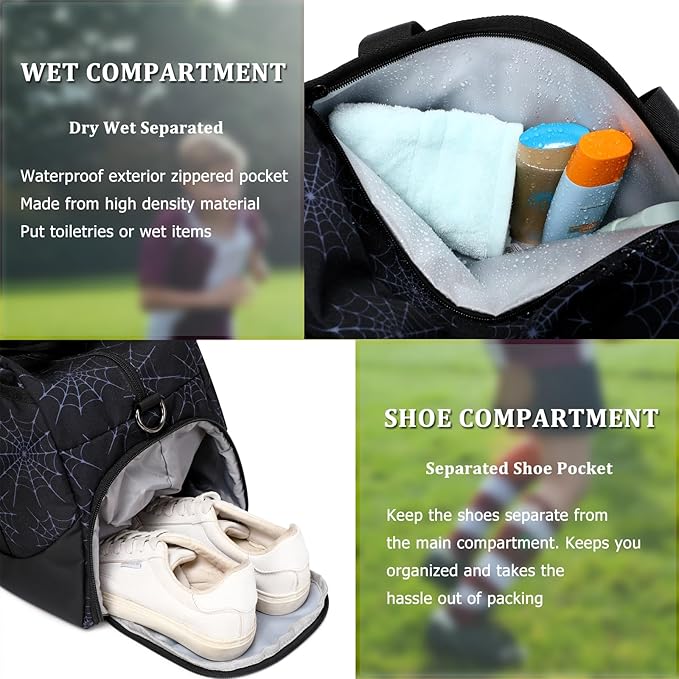 JIANYA Kids Overnight Duffle Bag Spider Sports Gym Bag with Shoe Compartment & Wet Pocket, Carry On Weekender Travel Bag, Black