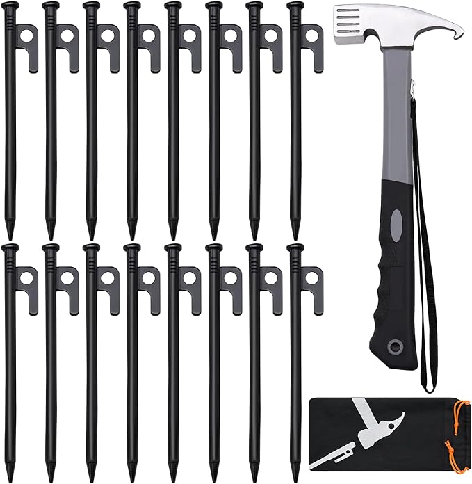 16pcs Tent Stakes and Hammer Set, 8in Heavy Duty Forged Steel Tent Stakes + Camping Hammer + Storage Pouch, Available in Rocky Place (16pcs 8in Stake+Hammer)