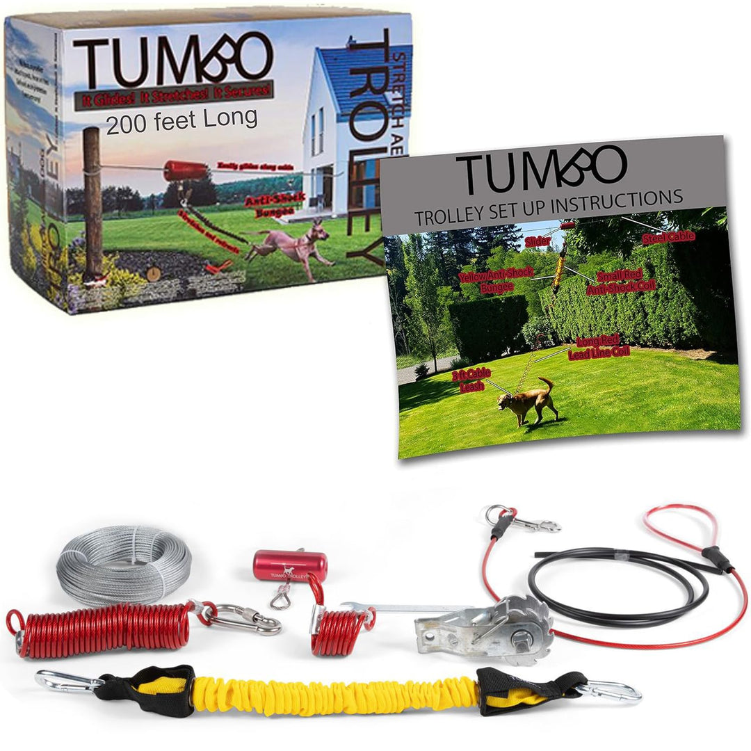 Tumbo Trolley 150ft - Anti-Shock Aerial Dog Runner for Yard Small and Large Dog - Heavy Duty Dog Gear - Best Dog Run and Zipline for Backyards - Trolley System Camping - 100ft / 150ft / 200ft
