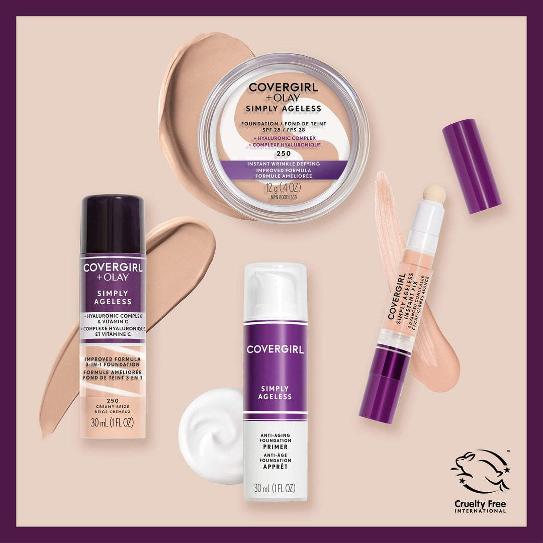 CoverGirl & Olay Simply Ageless 3-in-1 Liquid Foundation, Matte Finish, Hyaluronic & Vitamin C Formula, Cruelty Free, Toasted Almond, 1 Count