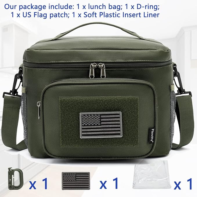 FlowFly Tactical Lunch Bag Large Insulated Lunch Box Cooler Tote for Men, Women with MOLLE/PALS Webbing (Army#Green, Large)