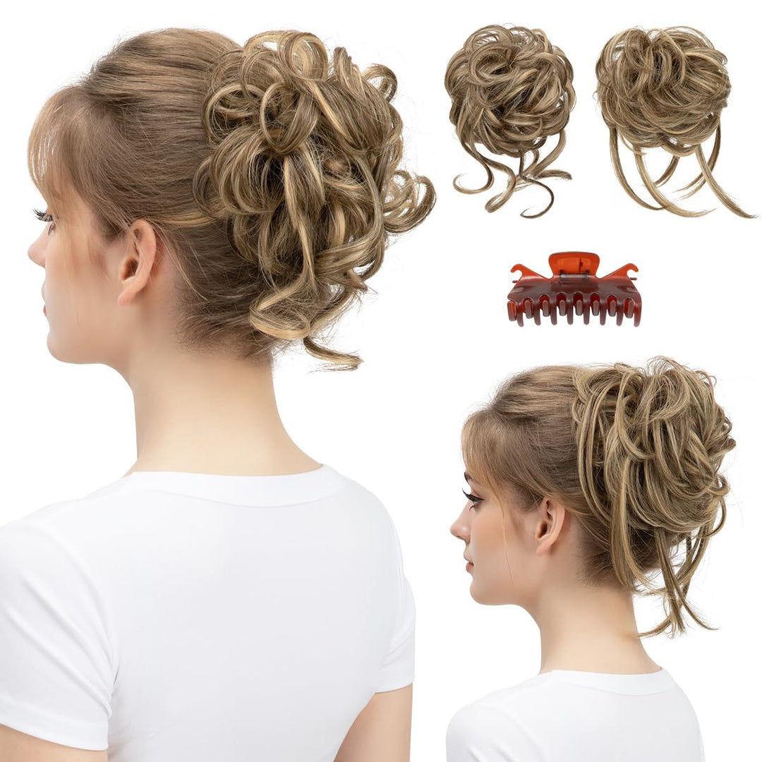 SARLA 2PCS Messy Bun Hair Pieces for Women Detachable Claw Clip Wavy Curly Synthetic Hairpieces for Updos with Tendrils Fake Scrunchies Ponytail Extension Bernstein