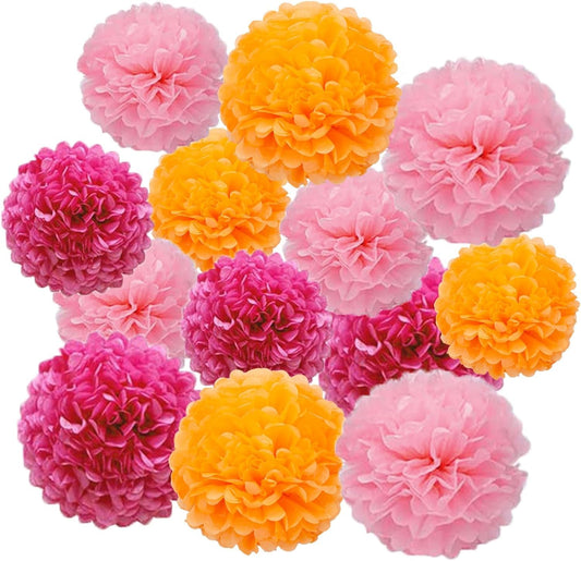 12pcs Rose Red,Light Pink and Orange Paper Pom Poms Decorations for Party Ceiling Wall Hanging Flowers Decorations - 3 Colors of 12 Inch, 10 Inch.