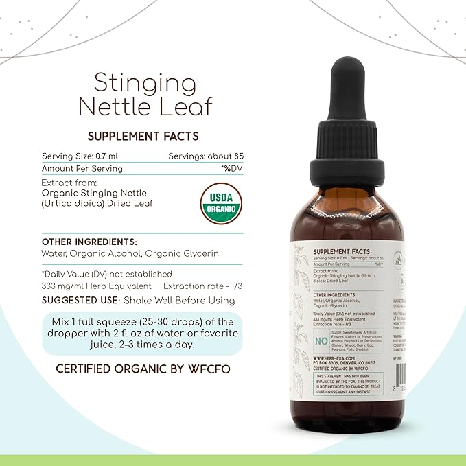 Stinging Nettle Leaf A60 USDA Organic Tincture | Alcohol Extract, High-Potency Herbal Drops | Certified Organic Stinging Nettle (Urtica Dioica) Dried Leaf (2 oz)