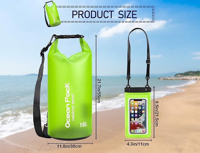 2 Pieces Waterproof Dry Bag for Women and Men, 10L Roll Top Waterproof Backpack Sack with Waterproof Phone Case, for Hiking, Backpacking, Kayaking, Camping, Swimming, Boating(grass green)