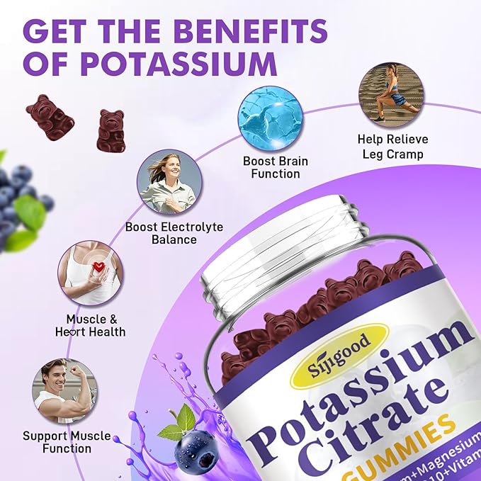 Potassium Citrate Gummies – Potassium Supplement for Muscle Health, Leg Cramp Relief & Electrolyte Balance, Vegan, Non-GMO, Gluten-Free, Blueberry Flavor, 60 Count