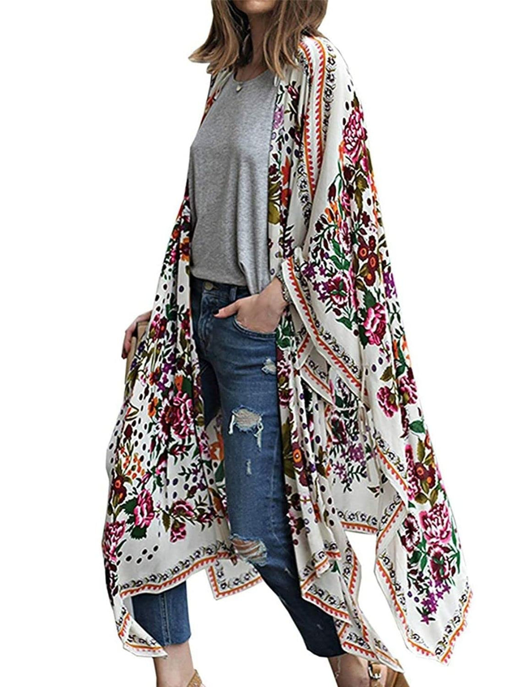 Womens Summer Chiffon Kimono Cardigan 3/4 Sleeve Sheer Loose Beach Cover up S