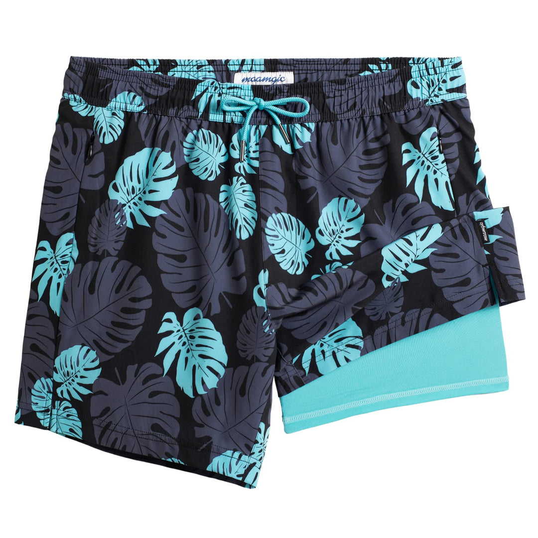 maamgic Mens Swim Trunks with Compression Liner 5" Stretch Athletic Swimming shorts Quick Dry with Zipper Pockets No-Chafing Board Shorts Black-Lake Blue Leaves XS