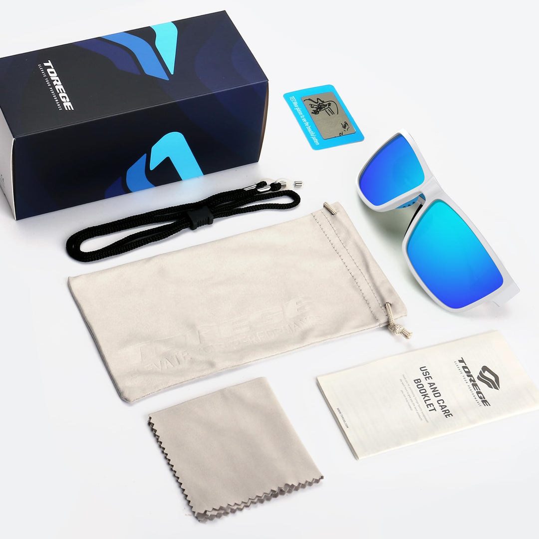 TOREGE Polarized Sports Sunglasses for Men and Women Cycling Running Golf Fishing Sunglasses TR26 (Bright White & Ice Blue Lens)
