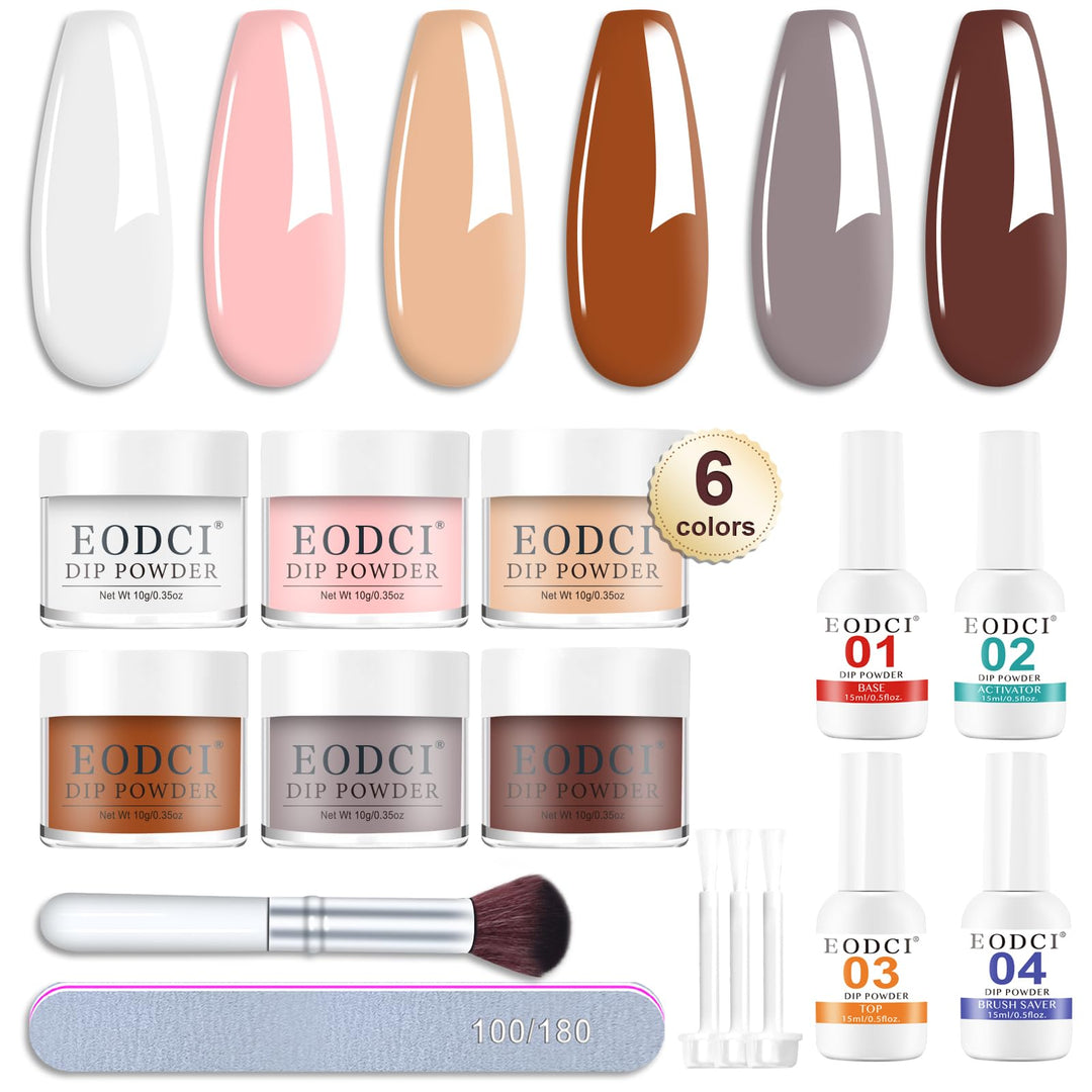 Eodci 12 Pcs Dip Powder Nail Kit Starter Quick Drying, 6 Colors Nude Brown Grey Mocha Dipping Powder Kit With Base & Top Coat/Activator/Brush Saver No Needed Nail Lamp Curing