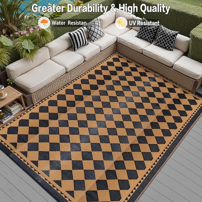 Outdoor Waterproof Rug 6'x9' Plastic Straw Rugs Washable Reversible Floor Mat Brown Plaid Carpet for Camping RV Deck Entryance Porch Picnic Balcony Beach Backyard