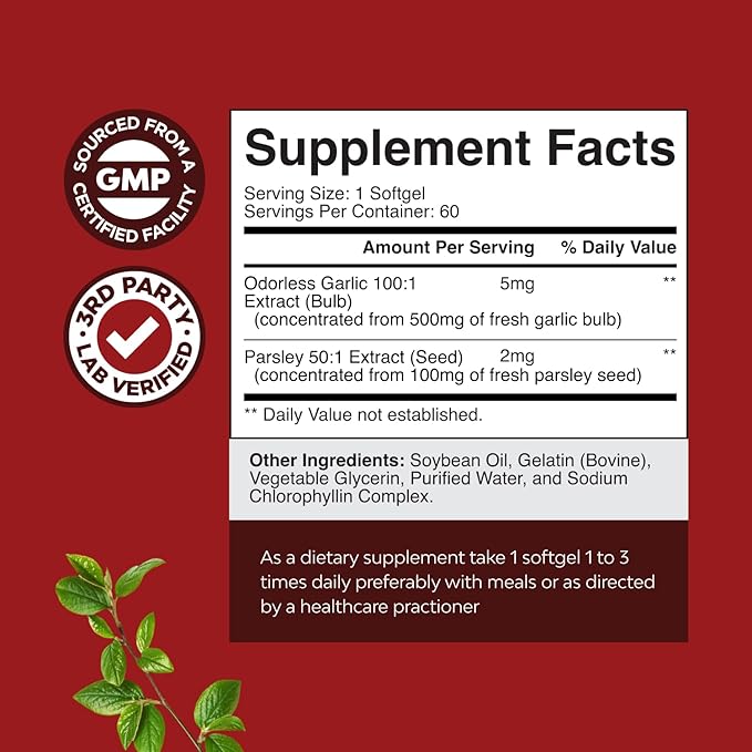 Concentrated Odorless Garlic Softgels - Parsley Extract & Aged Garlic Supplements - Parsley Softgels for Gut Support - 60 Ct