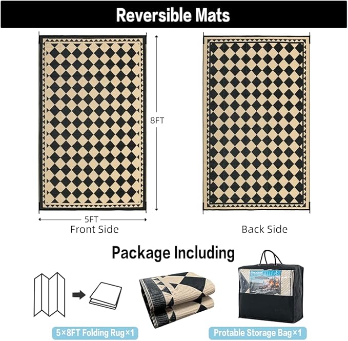 Outdoor Rug for Patios Clearance,Waterproof Mat,Large Outside Carpet,Reversible Plastic Straw Camping Rugs,Rv,Porch,Deck,Camper,Balcony,Backyard (5x8,Checkered/Black&Beige)