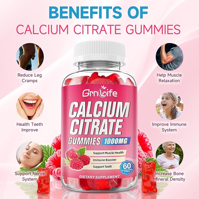 Calcium Citrate Gummies, Sugar Free Calcium Citrate 1000mg for Muscle Healthy, Absorption Calcium Supplements for Adults & Kids, Raspberry, 60 Count