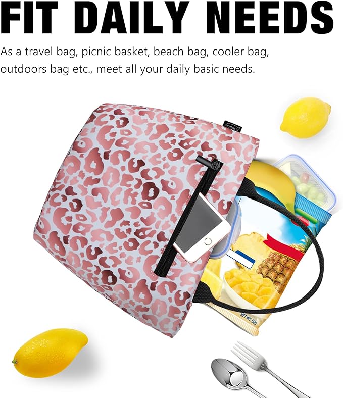 Aosbos Leopard Lunch Bag Women Lunch Bags for Adult Lunch Box for Women Insulated Lunch Tote Bag Lunchbox Portable Cooler Bag Bento Box Bag for Work, Pink Leopard Print