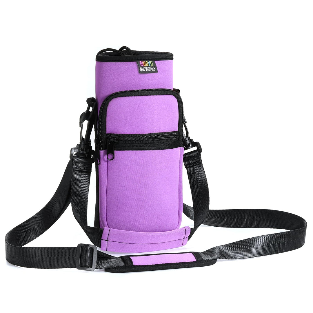 Nuovoware Water Bottle Carrier Bag, 25oz/32oz Bottle Pouch Holder, Adjustable Shoulder Hand Strap 2 Pocket Sling Neoprene Sleeve Sports Water Bottle Bag for Men Women Kids Hiking Travel, Taro Purple
