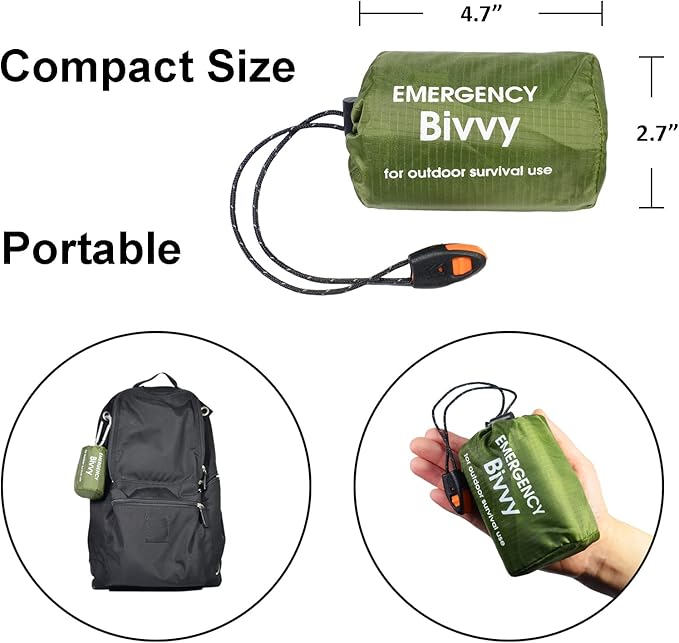 4 Pack Camo Emergency Sleeping Bags Survival Bivvy Sack with Whistles, Lightweight Portable Survival Gear for Outdoor Camping Hiking Keep Warm After Disasters (1PERSON)