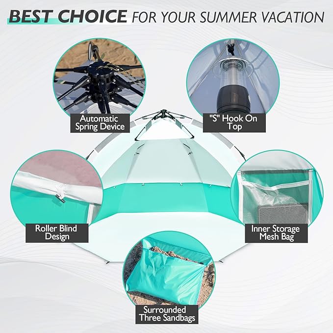 2-3 Person Large Instant Pop Up Beach Tent, UV Protection Portable Easy Setup Sun Shade Shelter, Extended Floor with 3 Ventilating Mesh Windows for Outdoor Camping Fishing (Green)