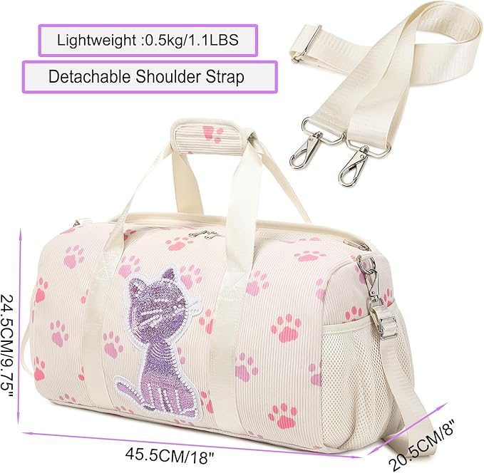 Dance Bag for Girls Sports Duffle Bag Teen Gym Bag Ballet Bag with Separate Dry Wet Pocket and Shoes Compartment Weekender Overnight Bag for Teen Girls Corduroy Sequined Cat（Cat Beige）
