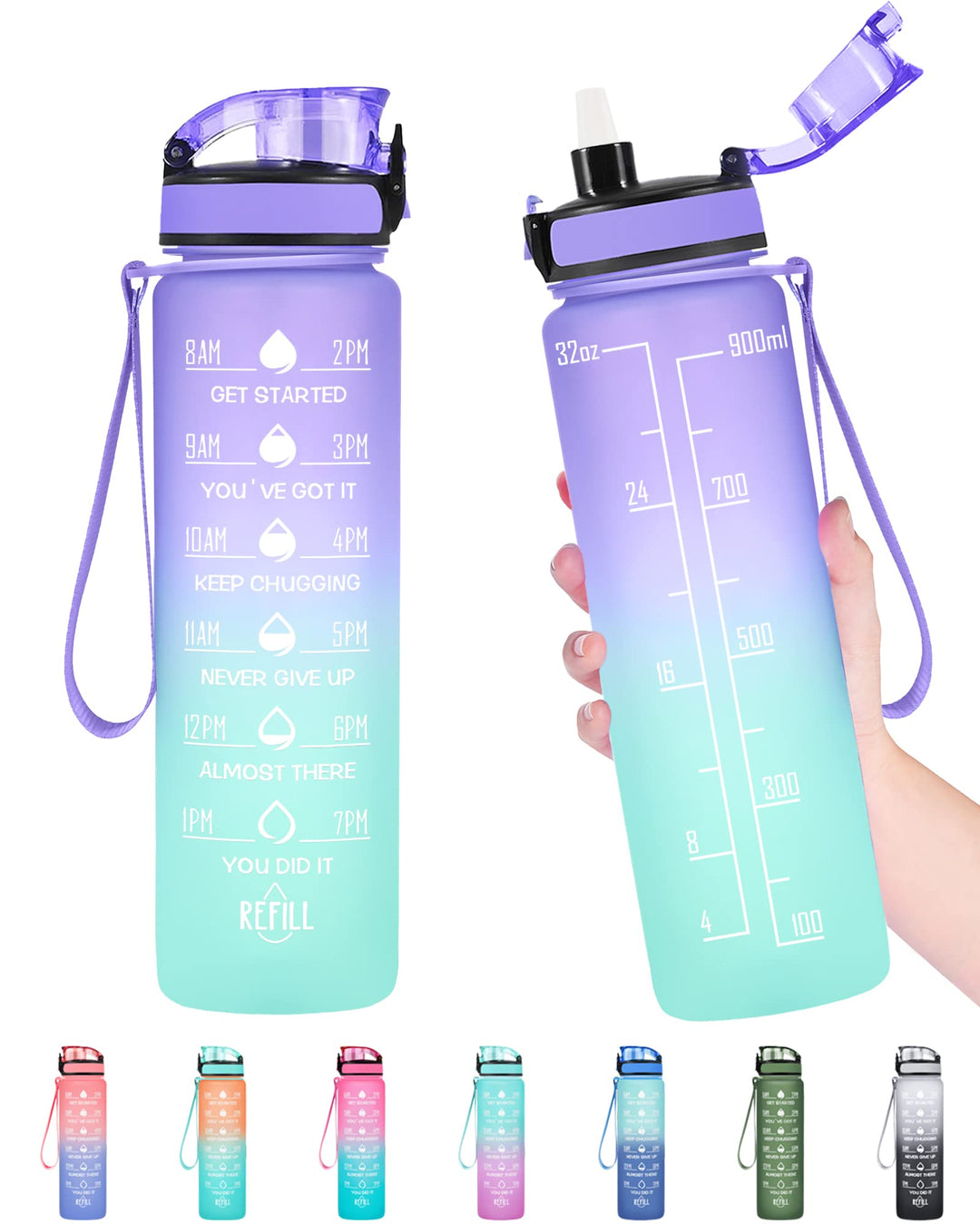 Enerbone 32 oz Water Bottle, Leakproof BPA & Toxic Free, Motivational Water Bottle with Times to Drink and Straw, Fitness Sports Water Bottle with Strap for Office, Gym, Outdoor Sports
