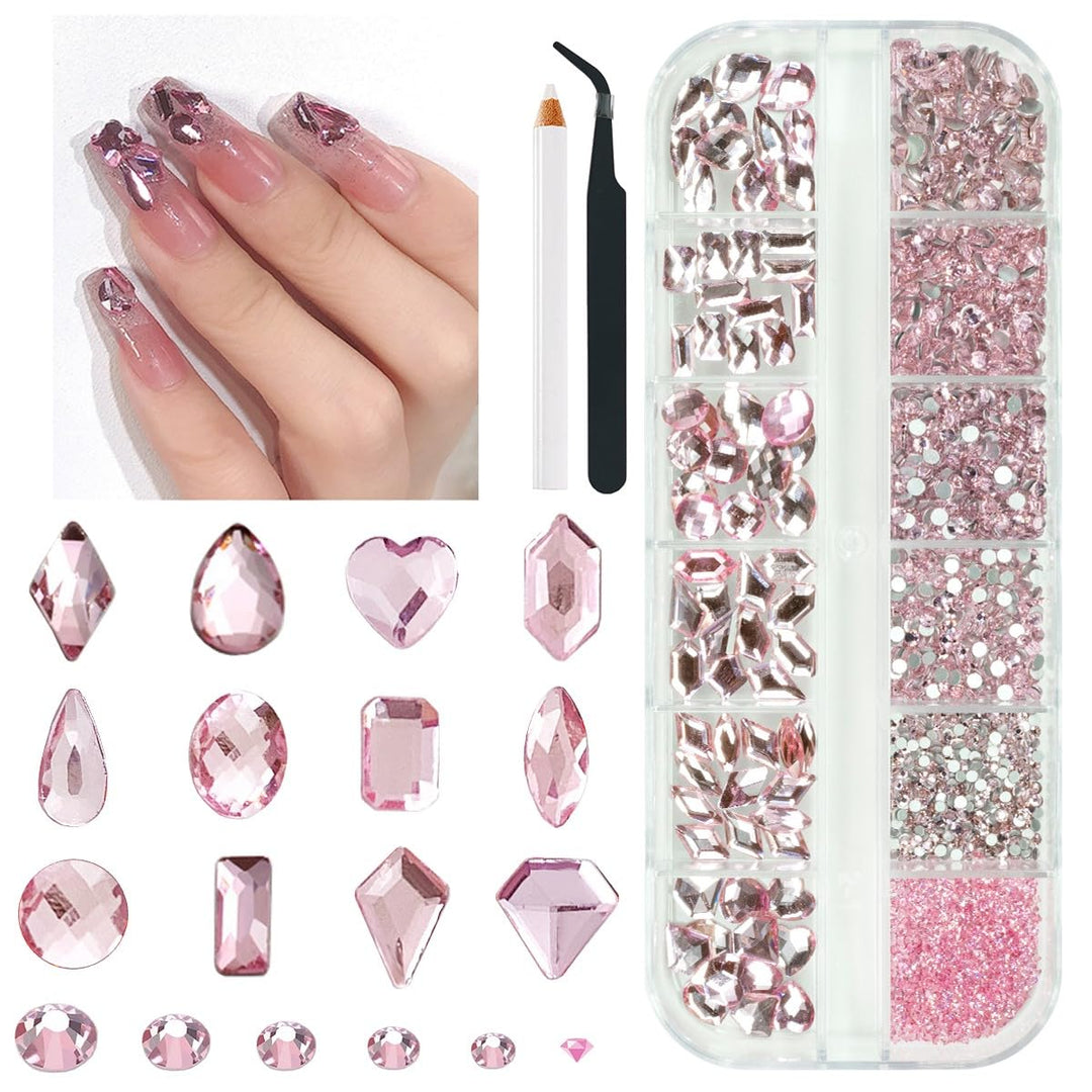 Qiipii 2052Pcs Pink Nail Rhinestones Light Pink Rhinestones For Nails 72 Multi Shapes Big Gems +1980 Flatback Round Beads K9 Gla