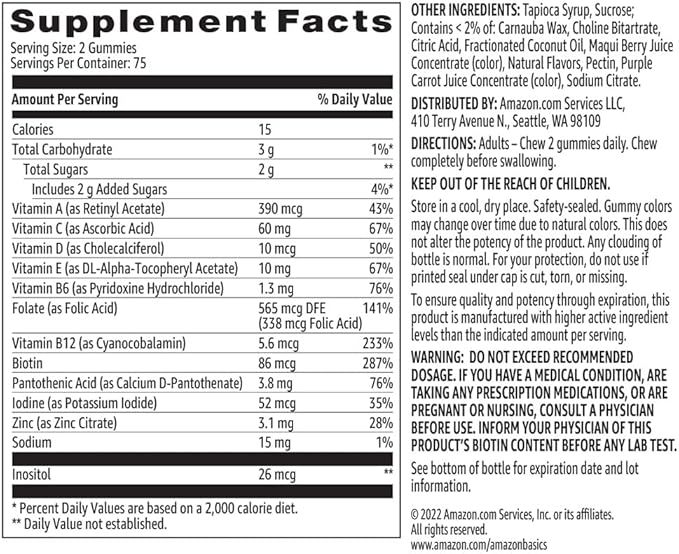 Amazon Basics Adult Multivitamin Gummies, Mixed Berry & Cherry, 150 Gummies, 75-Day Supply, Pack of 1 (Previously Solimo)