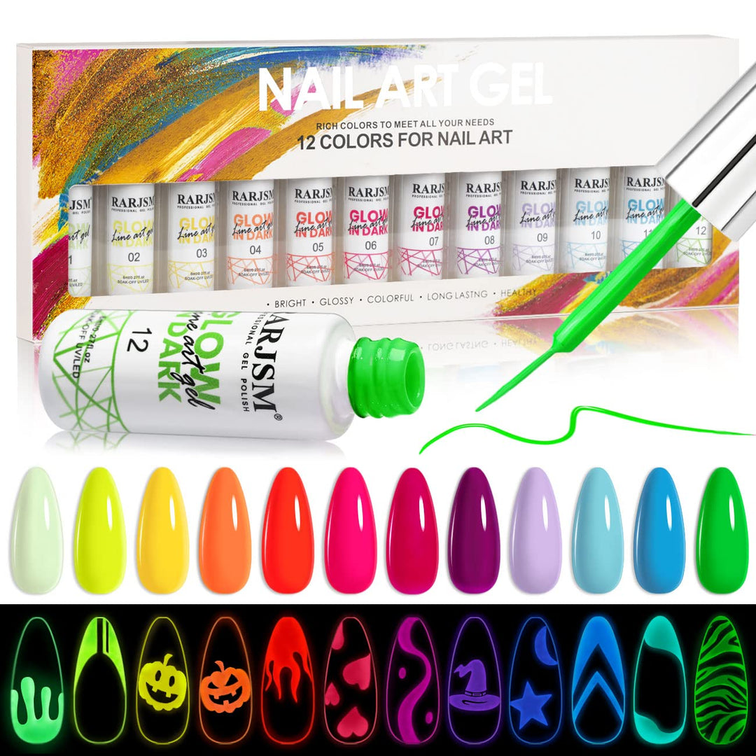 Rarjsm Nail Art Gel Set, Glow In The Dark Gel Liner Nail Art Polish Luminous Gel Design Nail Polish Neon Fluorescent Drawing Pai