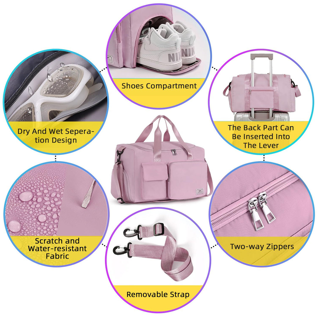 FIORETTO Women's Water-Resistant Gym Duffle Bag with Shoes Compartment, 37L Capacity, Multi-Functional, Ideal for Travel, Gym, Sports, Weekender, with Toiletry Bag, Pink