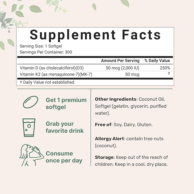 Vitamin D3 2,000 iu Plus K2 (MK-7) 50 mcg, 300 Virgin Coconut Oil Softgels | 2 in 1 Vitamins D & K Complex | Supports Calcium Absorption, Bone, Immune, & Heart Health – Easy to Swallow