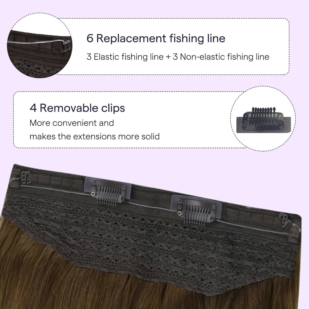 Fshine Wire Human Hair Extensions 14 Inch Balayage Walnut Brown to Ash Brown and Butter Blonde Transparent Fish Line Clip in Hair Extensions 100G