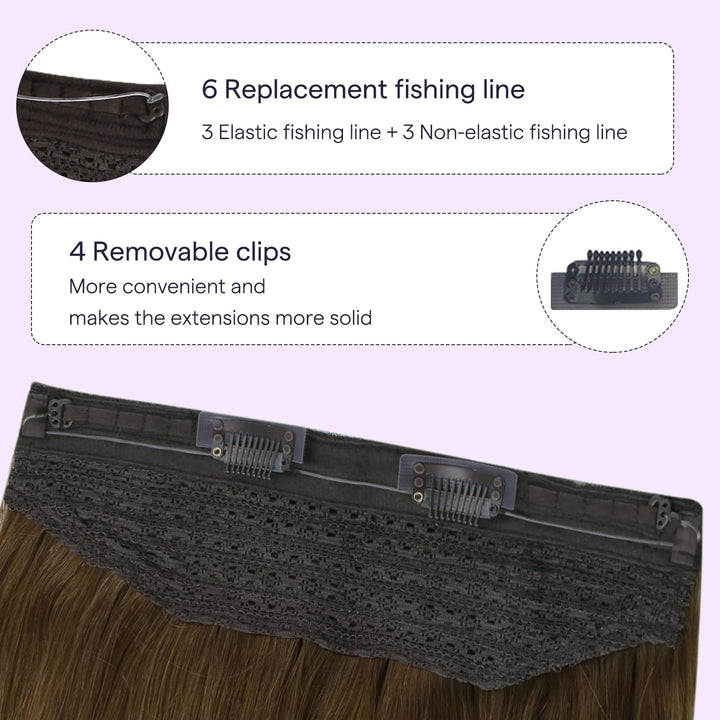 Fshine Wire Human Hair Extensions 14 Inch Balayage Walnut Brown to Ash Brown and Butter Blonde Transparent Fish Line Clip in Hair Extensions 100G