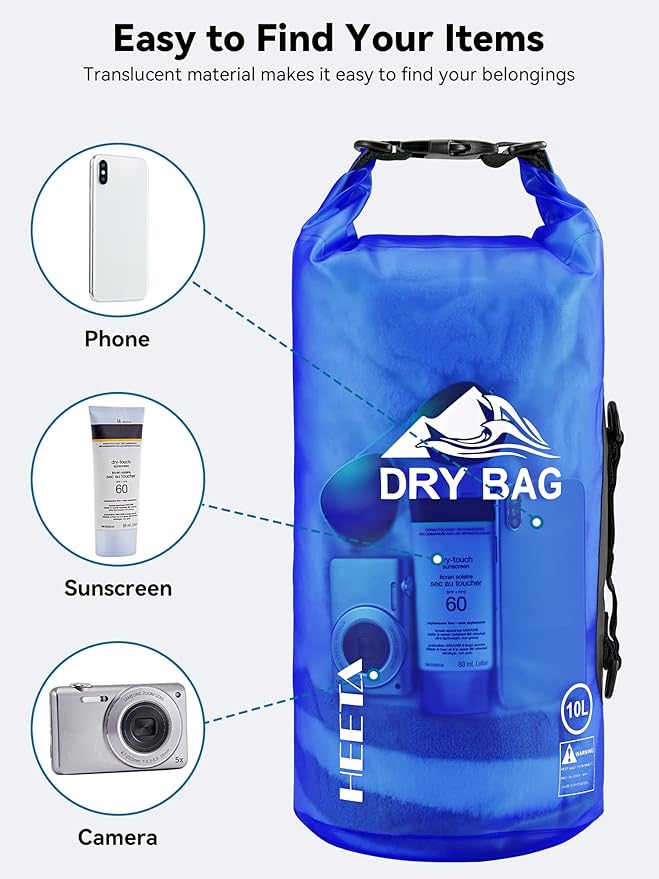 HEETA Dry Bag Waterproof for Women Men, 5L/10L/20L/30L/40L Roll Top Lightweight Dry Storage Bag Backpack with Phone Case for Travel, Swimming, Boating, Kayaking, Camping & Beach, 11 Transparent Colors
