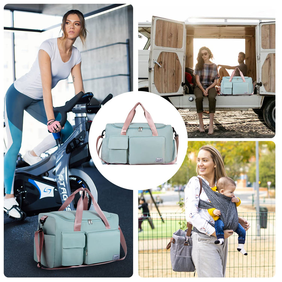 FIORETTO Women's Water-Resistant Gym Duffle Bag with Shoes Compartment, 37L Capacity, Multi-Functional, Ideal for Travel, Gym, Sports, Weekender, Green & Pink