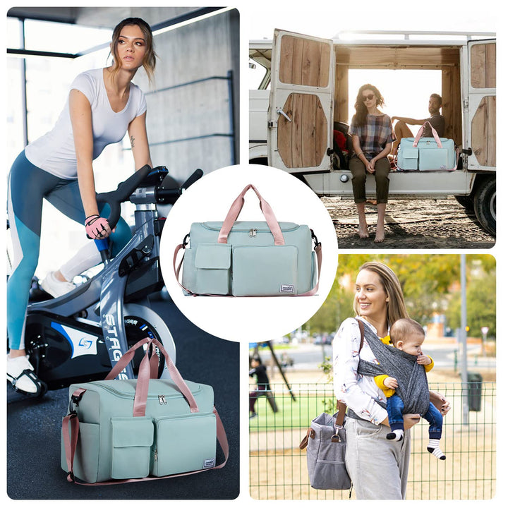 FIORETTO Women's Water-Resistant Gym Duffle Bag with Shoes Compartment, 37L Capacity, Multi-Functional, Ideal for Travel, Gym, Sports, Weekender, Green & Pink