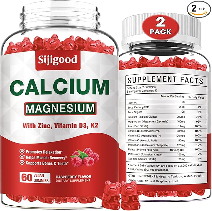 2 Pack Calcium Magnesium Zinc Gummies – Calcium with Vitamin D3 & K2, Calcium Citrate Gummies for Bone, Muscle, Calm & Zzz Support –High Absorption Magnesium, Raspberry Flavored, 120 Count