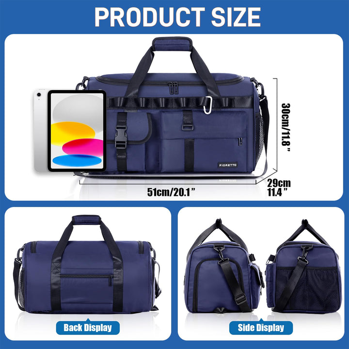 FIORETTO Women's Men's Water-Resistant Gym Duffle Bag with Shoes Compartment, 45L Capacity, Multi-Functional, Ideal for Travel, Gym, Sports, Weekender, Navy Blue