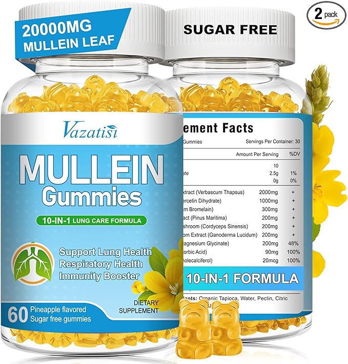 Mullein Gummies, Mullein Leaf Extract for Lungs Gummies with Bromelain, Quercetin, Magnesium - Lung Detox & Cleanse, Pineapple Flavor, 120Cts