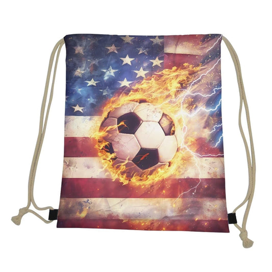 COEQINE 3D Soccer Drawstring Bag Fire Ball Gym Backpack for Kids Girls Boys American Flag Themes Bookbag Lightweight Women Teens