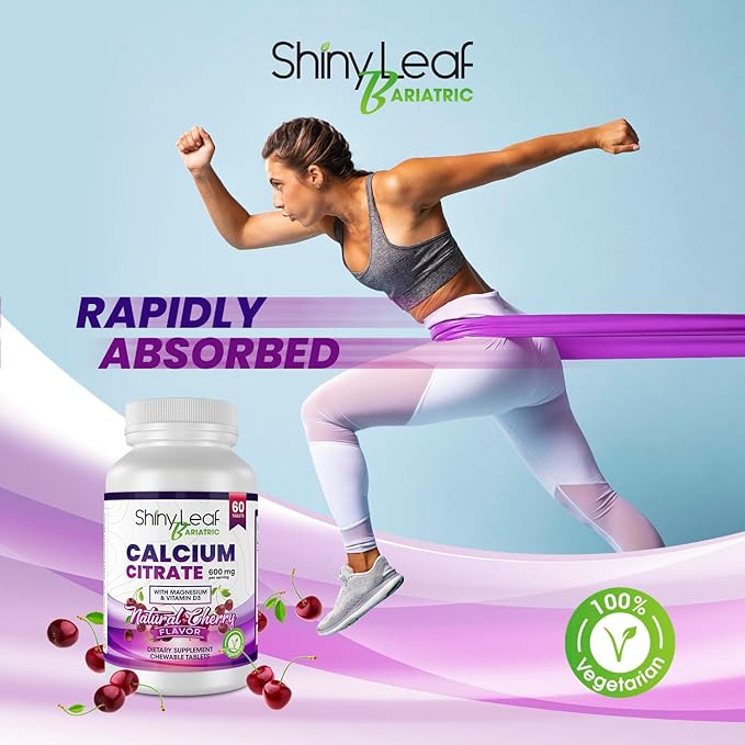Shiny Leaf Bariatric Calcium Citrate Chews - 600mg, with Vitamin D 3 Plus Magnesium - Chewable Supplements for Women and Men, Bariatric Patients Vitamins for Bone and Joints Health, 240 Count, Cherry