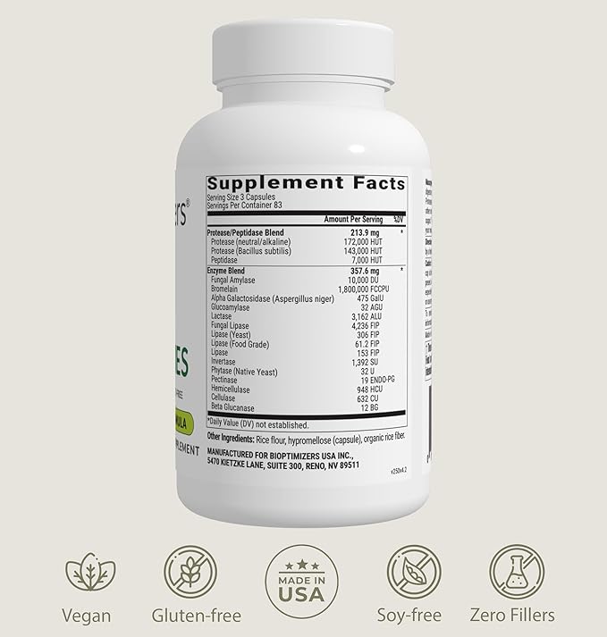 BIOptimizers MassZymes Digestive Enzymes Supplement – Max Nutrient Absorption, Boost Energy, Reduce Bloating – Health Vegan Dairy-Free – Muscle Recovery, Gut Health & Clarity - 100,000 Units 250 Caps